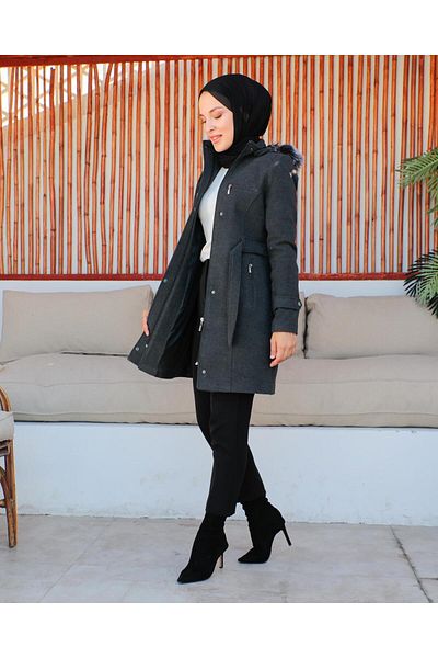 KMKkombin WOMEN'S SHORT HOODED BELTED PLUS SIZE CACHET COAT ÖZALTAY1