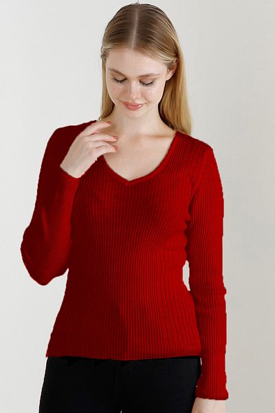 VEGENZE Women's Red V-Neck Knitwear Sweater