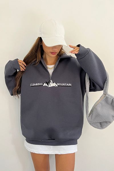 Sun Victoria Unisex Anthracite Polo Neck Oversize 3 Thread Raster Embroidered Sweatshirt