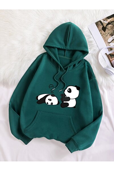 Yasolin Kaki PANDA Special Štampano Oversize kroj Sa kapuljačom Dukserica Kaki
