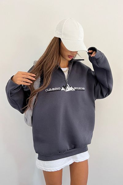 Sun Victoria Unisex Anthracite Polo Neck Oversize 3 Thread Raster Embroidered Sweatshirt