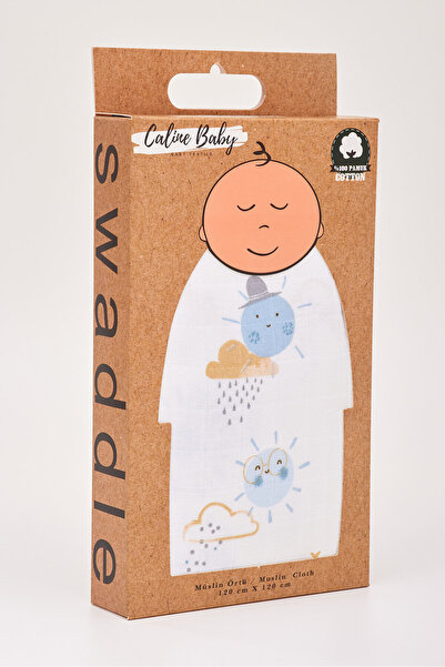 Caline Baby غطاء قماش موسلين نمط شمسي - أزرق 120x120 سم + 4 مناديل مبللة للفم