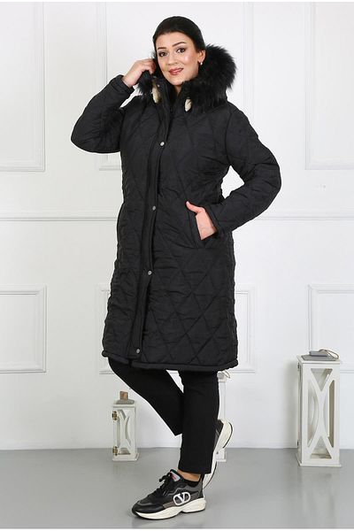 By Alba Collection Women's Black Long Crinkle Fabric Wool Inside Plus Size Coat