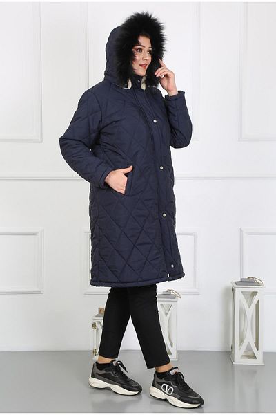 By Alba Collection Women's Navy Blue Long Crinkle Fabric Wool Large Size Coat