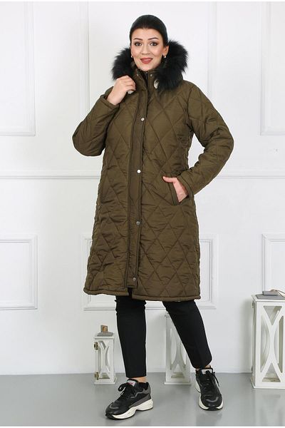 By Alba Collection Women's Khaki Long Crinkle Fabric Wool Inside Plus Size Coat