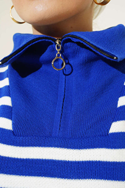 benguen 11020-03 Πλεκτό ριγέ γιακά με φερμουάρ χιτώνα Saks Μπλε