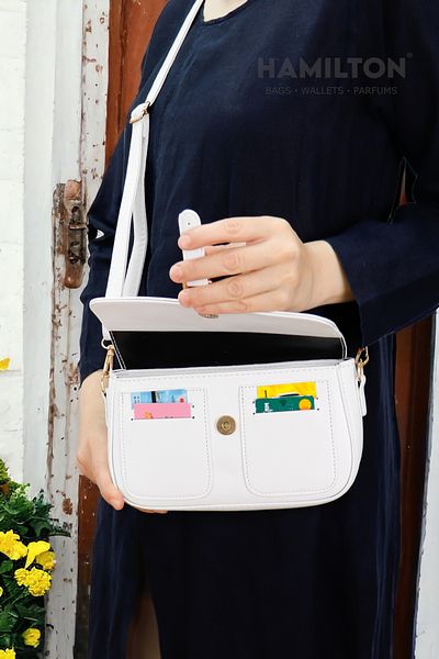 HAMILTON Original Women's White Crossbody Adjustable Strap Lined Leather Baguette Daily Shoulder Bag with Card Holder