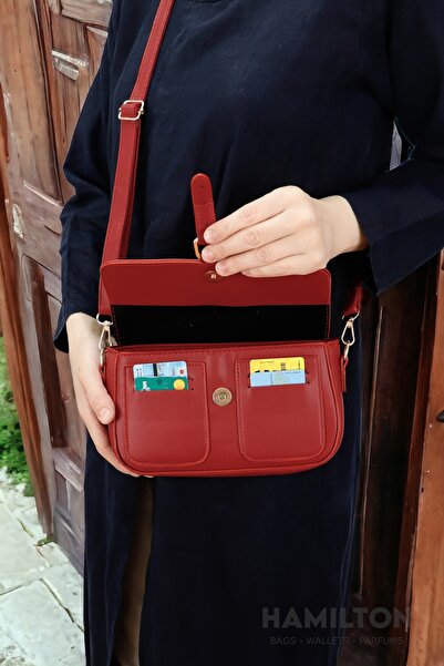 HAMILTON Original Women's Red Cross Adjustable Strap Lined Leather Baguette Daily Shoulder Bag with Card Holder
