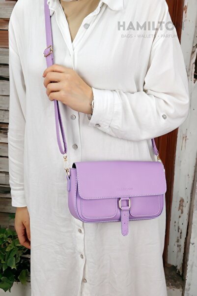 HAMILTON Original Women's Lilac Cross Adjustable Strap Lined Leather Baguette Daily Shoulder Bag with Card Holder