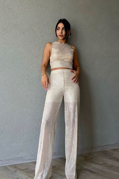 Seda Yalçın Atelier Beige Sequin Transparent Blouse and Elastic Waist Pants Set
