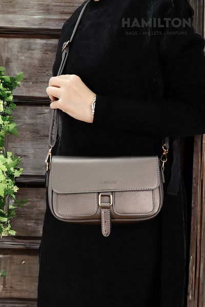 HAMILTON Original Women's Gray Crossed Adjustable Strap Lined Leather Baguette Daily Shoulder Bag with Card Holder