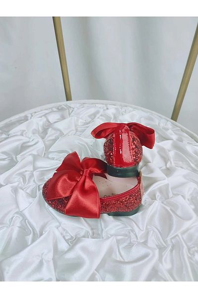 Tirenti Red Glass Broken Bow Detailed Girl's Ballerinas