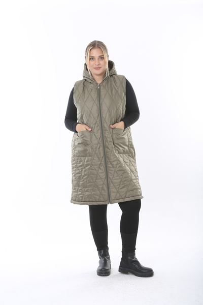 XL Modam WOMEN'S LARGE SIZE QUILTED HOODED KHAKI VEST