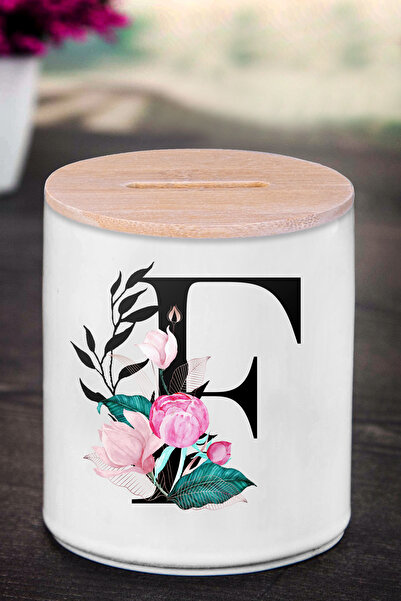 yhfoto حرف F حصالة (سيراميك) - نقش زهرة F - K70