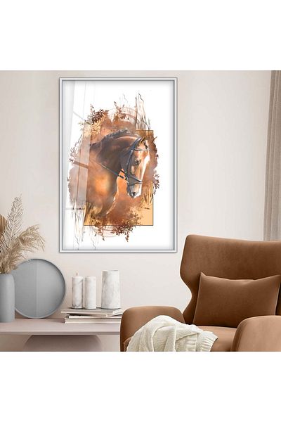 Zevahir Mobilya Dekorasyon Figurină de cal cu cadru metalic argintiu Desen modern Pictură din sticlă irezistibilă