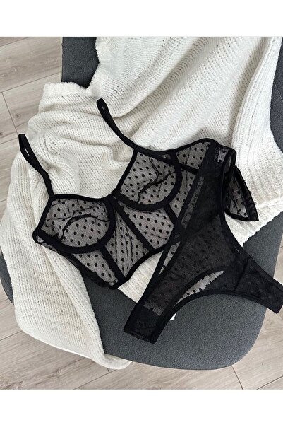 larisa kozmetik & içgiyim Kadın Siyah Puantiyeli Bralet Set