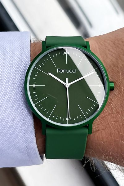Ferrucci Unisex Wristwatch 3 Atm Waterproof Green Color Silicone Band Aluminum Case FRE2030C3