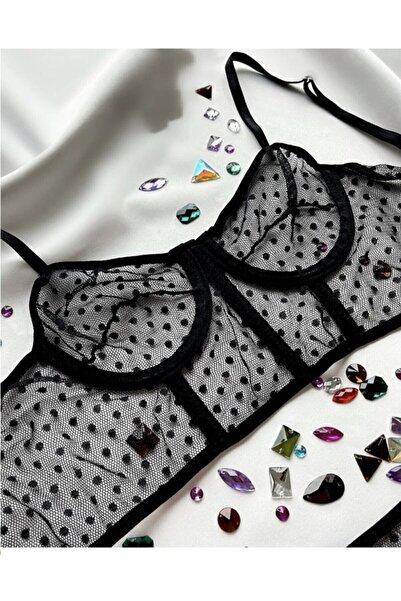 larisa kozmetik & içgiyim Kadın Siyah Puantiyeli Bralet Set