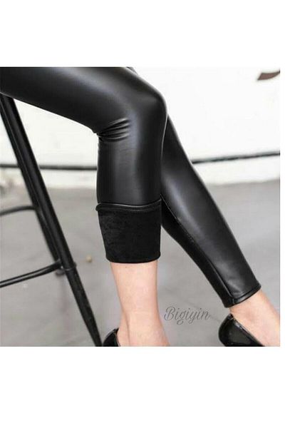 bigiyin Women's Black Winter Faux Leather Plush Leggings with Ribbon Inside