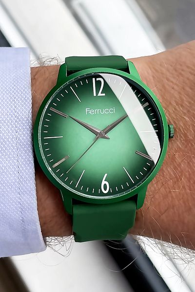 Ferrucci Unisex Wristwatch 3 Atm Waterproof Green Color Silicone Band Aluminum Case FRE2028C3