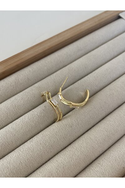 Sade Accessory Kıvrımlı Dikdörtgen Taşlı Halka Küpe