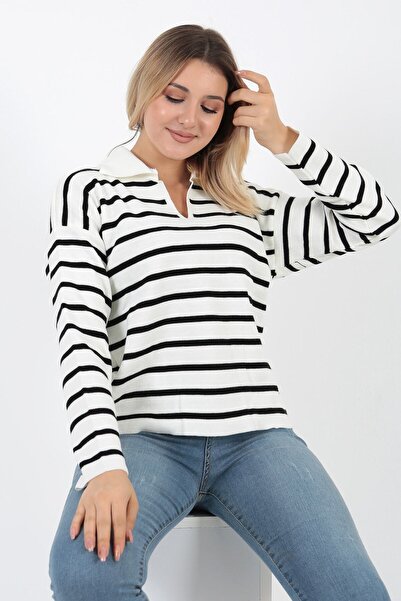 BAO TASARIM Pulover de damă cu dungi negre cu gât polo în V