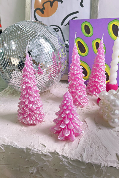 SANAT SEPET İŞLERİ Parlak Pembe 2'li Çam Ağacı Dekoratif Yılbaşı Hediyelik Mumu