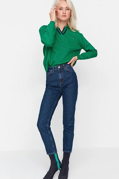 Trn JNS Candel Albastru închis Colorfast Mom Jean Femei Iubita Talie înaltă Power Lycra