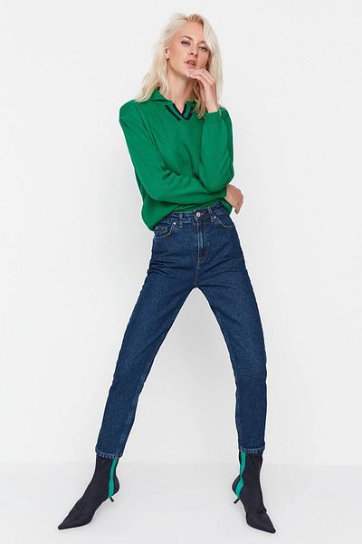 Trn JNS Candel Albastru închis Colorfast Mom Jean Femei Iubita Talie înaltă Power Lycra