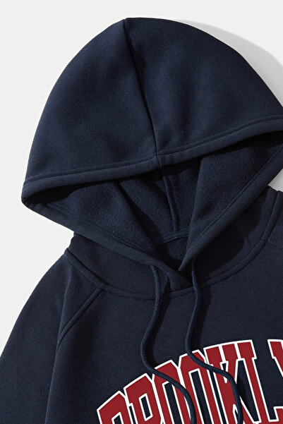 Adrift Унісекс синій худі з капюшоном Brooklyn з принтом Oversize Sweatshirt lacivertbrooklyn