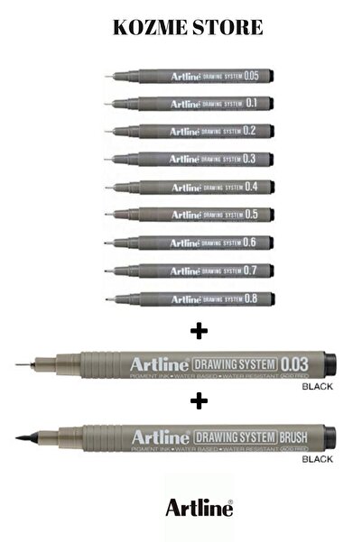artline Drawing System Teknik Çizim Kalemi 9 + 1 + 1 (brush)-(0.03) 11'li Tam...
