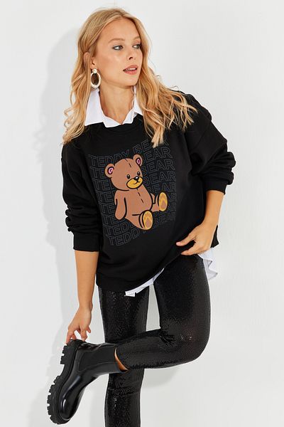 Cool & Sexy Dámská černá mikina s potištěným medvídkem ZM288