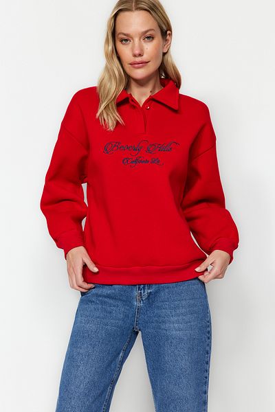 Trendyol Collection Red Shirt Collar Embroidered Regular Fit Thick Fleece Inside Knitted Sweatshirt TWOAW24SW00182