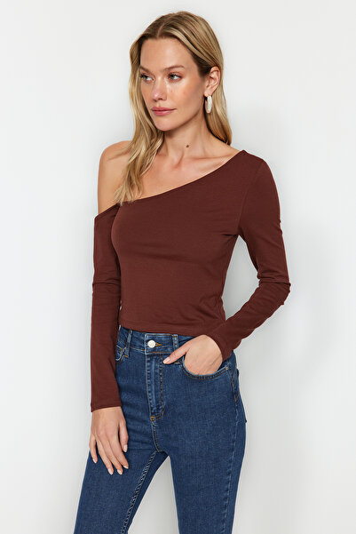 Trendyol Collection Καφέ One Shoulder Cotton Slim Fit Crop Πλεκτή Μπλούζα TWOAW24BZ00099