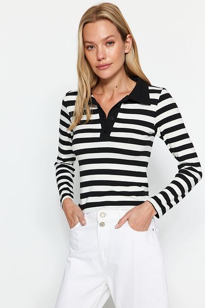 Trendyol Collection Black Striped Soft Fabric Fitted Polo Neck Buttoned Stretchy Knitted Blouse TWOAW24BZ00175
