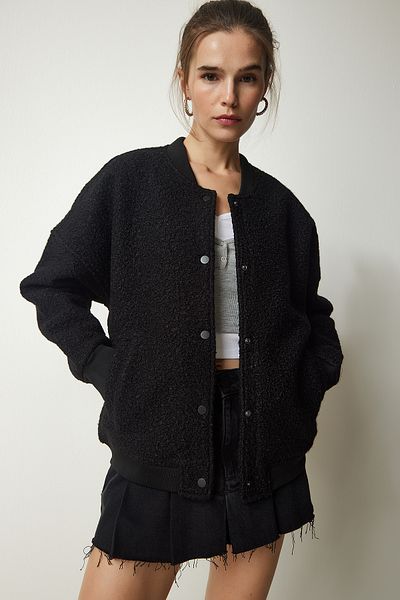 Happiness İstanbul Schwarze Bouclé-Jacke mit Knöpfen für Damen KW00004