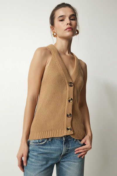 Happiness İstanbul Γυναικείο πλεκτό γιλέκο με κουμπιά γιακά μπισκότων YY00179