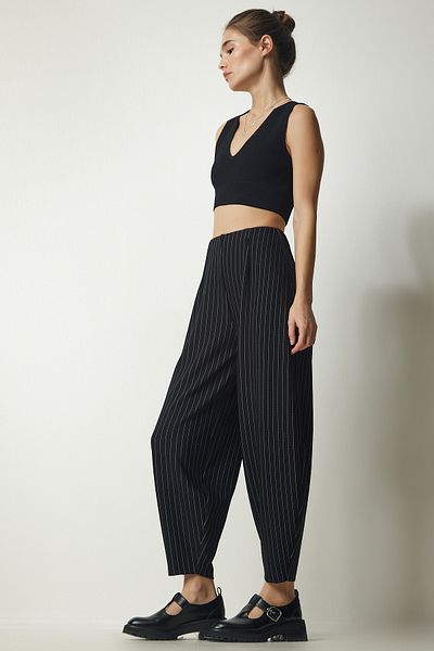 Happiness İstanbul Women's Black Comfortable Striped Shalwar Trousers TO00119