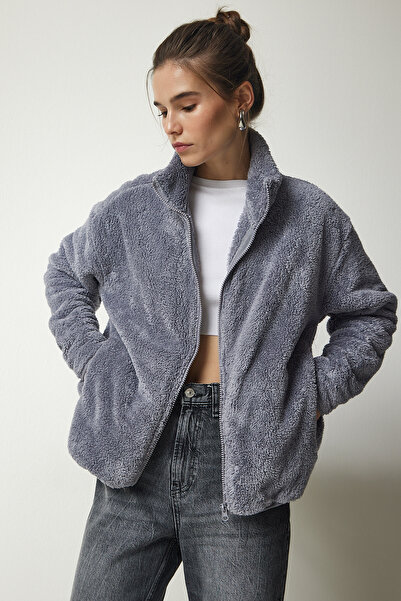 Happiness İstanbul Dámský šedý plyšový cardigan na zip UB00196