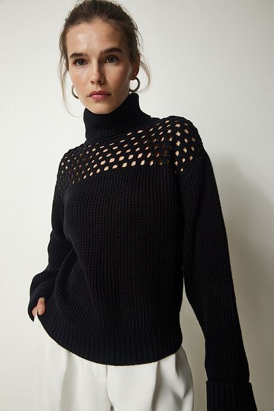 Happiness İstanbul Pulover de damă negru cu guler tricotat, tricotat ajurat, CI00090