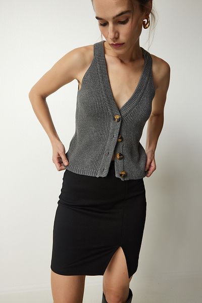 Happiness İstanbul Women's Anthracite Halter Collar Button Knit Vest FN03118