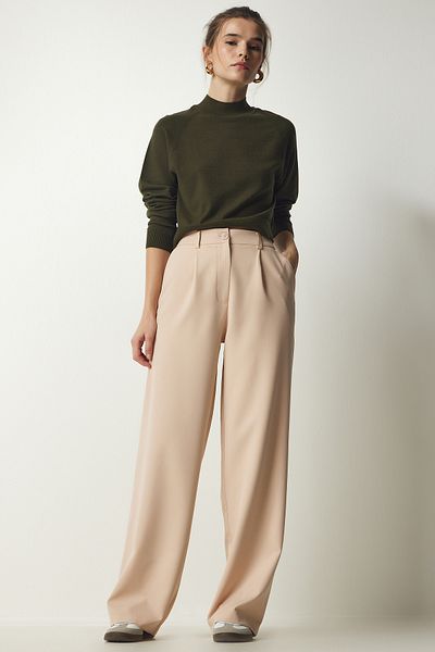Happiness İstanbul Women's Cream Pleated Woven Trousers UB00188