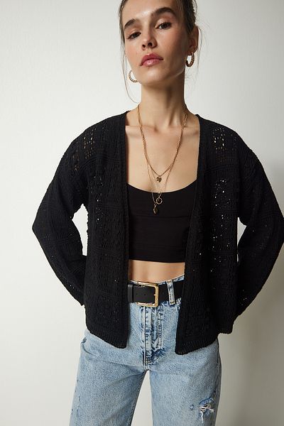 Happiness İstanbul Cardigan din tricot texturat cu căptușeală neagră de damă CI00092