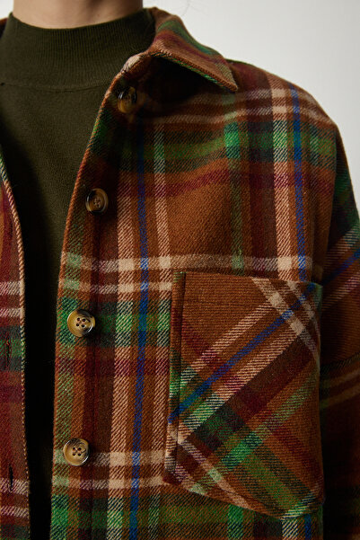 Happiness İstanbul Női keksz zöld mintás nagyméretű, bélyegzett favágó ing TU00034