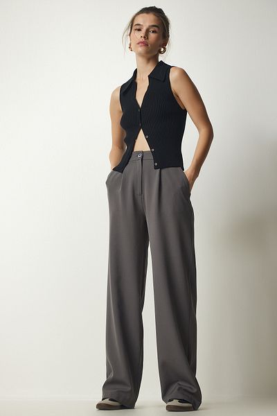 Happiness İstanbul Women's Gray Pleated Woven Trousers UB00188