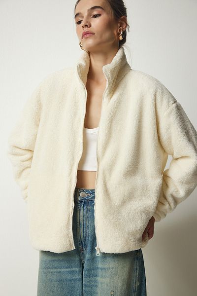 Happiness İstanbul Women's Ecru Zippered Plush Cardigan UB00196