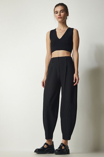 Happiness İstanbul Women's Black Comfortable Striped Shalwar Trousers TO00119