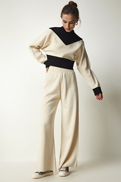 Happiness İstanbul Női krémblokk színű pulóver nadrág, stílusos kötöttáru öltöny CI00089