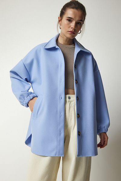 Happiness İstanbul Dámská nebesky modrá oversize košilová bunda s kapsami DD01263