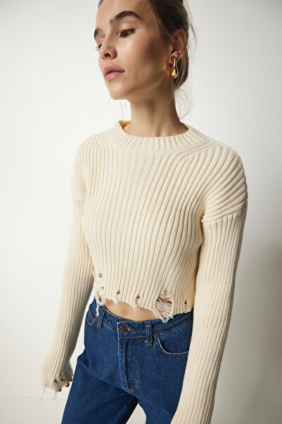Happiness İstanbul Pulover crop pentru tricotaje cu detalii rupte crem YY00181